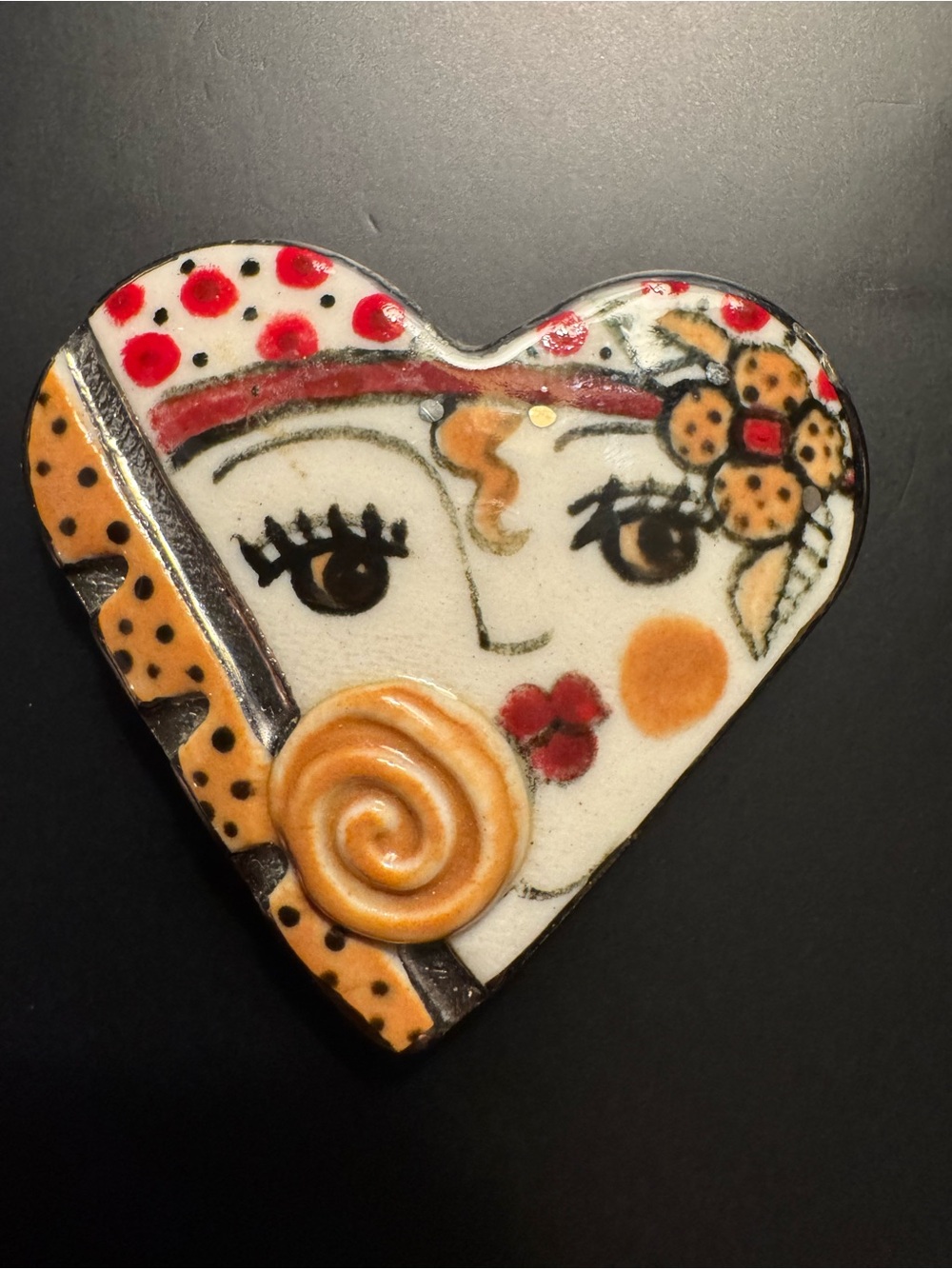 Artisan Ceramic Heart Brooch Pendant Hand Painted Vintage Lady Folk Art Portrait